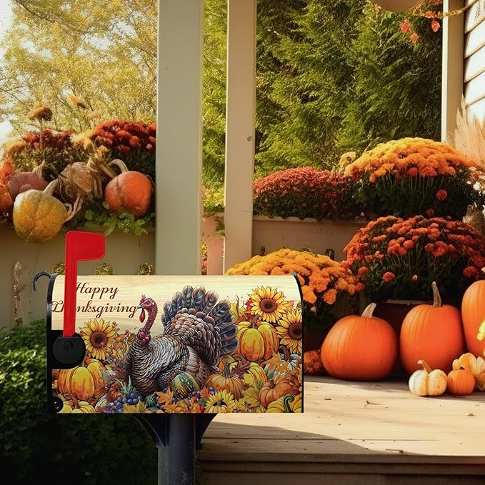 Happy Thanksgiving Turkey Mailbox Covers Magnetic Large Size 25.5 x 21 Inch Fall Sunflower Pumpkin Mailbox Cover Thanksgiving Letter Box Post Wraps Outdoor Decorations for Garden Yard