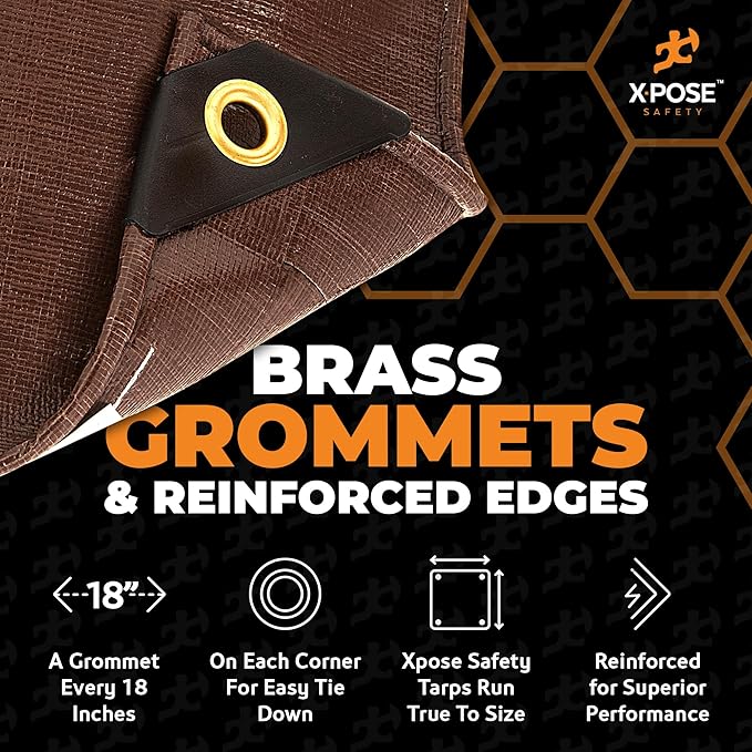 6' x 8' Super Heavy Duty 16 Mil Brown Poly Tarp Cover - Thick Waterproof, UV Resistant, Rip and Tear Proof Tarpaulin with Grommets and Reinforced Edges - by Xpose Safety