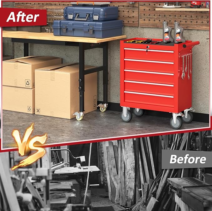 5 Drawers Rolling Tool Chest with Wheels, Portable Rolling Tool Boxes with Wheels, Tool Box Storage Cabinet with Locking System for Garage (RED, 5 Drawers)