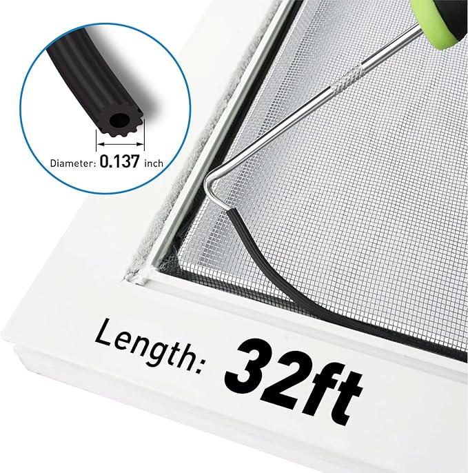 Window Screen Replacement Kit, 36"W × 90"L Durable Polyester Adjustable Screen Mesh with Retainer Spline (32ft) for DIY Project Window Screen Door Screen Replacement & Repair, Grey