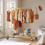 Raybee Heavy Duty Clothes Rack, Gold Clothing Racks for Hanging Heavy Clothes 200+, Rolling Clothing Rack Load 485 LBS, Extendable & Adjustable Portable Commercial Garment Rack with Wheels, Gold