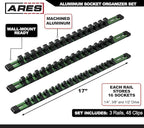 ARES 60045-3-Piece 17-Inch Green Aluminum Socket Rail Set - 1/4-Inch, 3/8-Inch, and 1/2-Inch Drive Socket Organizers Hold 48 Sockets