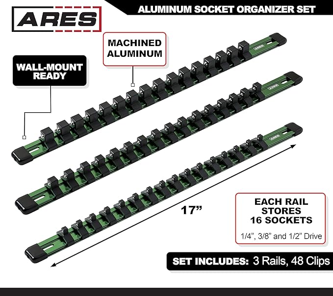 ARES 60045-3-Piece 17-Inch Green Aluminum Socket Rail Set - 1/4-Inch, 3/8-Inch, and 1/2-Inch Drive Socket Organizers Hold 48 Sockets