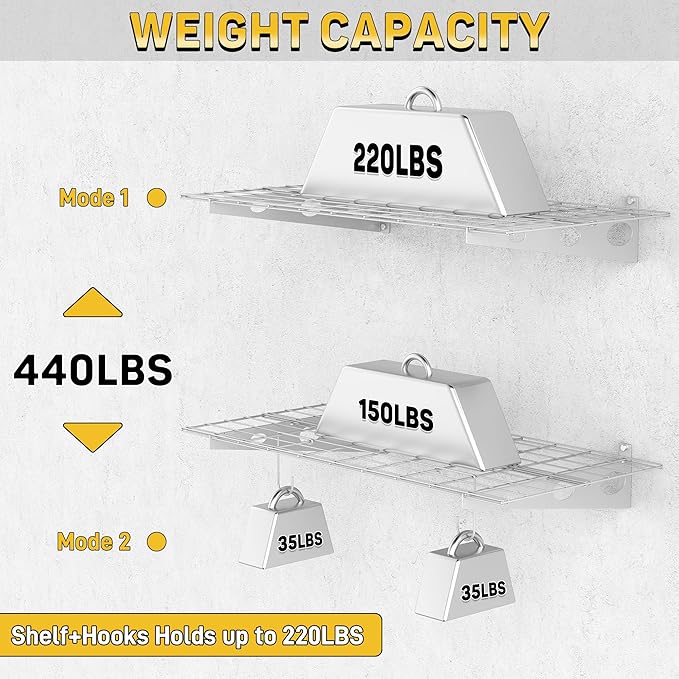 Ultrawall Garage Wall Shelves, 2 x 4 ft Wall Mounted Storage Shelves, Heavy Duty Wall Shelving with Hooks, Holds Up to 220 Lbs, 2Pack, White