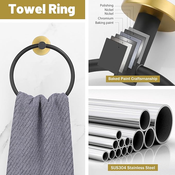 Black and Gold Towel Bar Set 6 Pieces Bathroom Hardware Accessories Set Include 19.68/23.6 in Towel Bar Towel Ring Towel Hook and Toilet Paper Holder Stainless Steel Wall Mounted