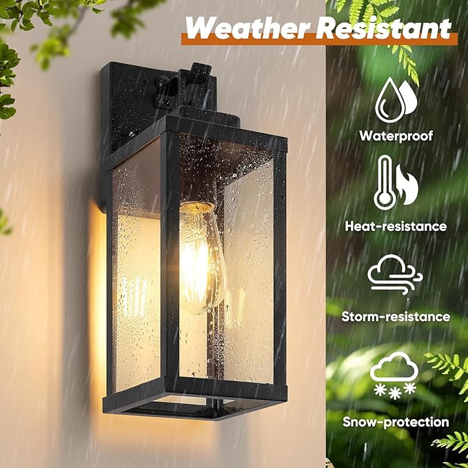 BesLowe 14” Upgraded Motion Sensor Outdoor Wall Lights, Dusk to Dawn Porch Lights Outdoor Wall Sconces, 3 Lighting Modes Exterior Lighting Fixtures with Hooks, Black Outside Lights for House, 2-Pack