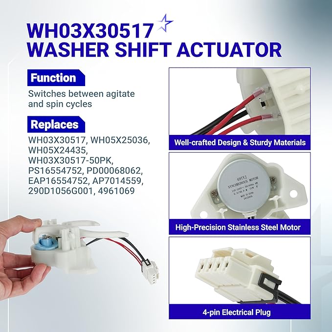 [UPGRADED] BlueStars WH03X30517 Washer Shift Actuator & WH01X27538 Washer Drive Belt & WH05X24185 Washing Machine Clutch & WH01X24434 Washer Spring - for GE Hotpoint Clothes Washer