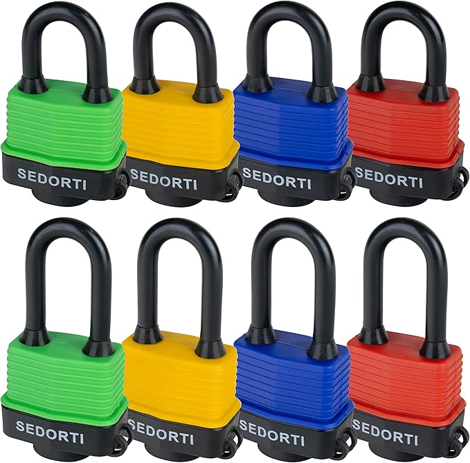 Colored Waterproof Padlocks, Heavy Duty Laminated Steel Lock with Green Plastic Covered, Keyed Alike Outdoor Locks, Can Be Used as Lockout Tagout Lock, Pack of 12