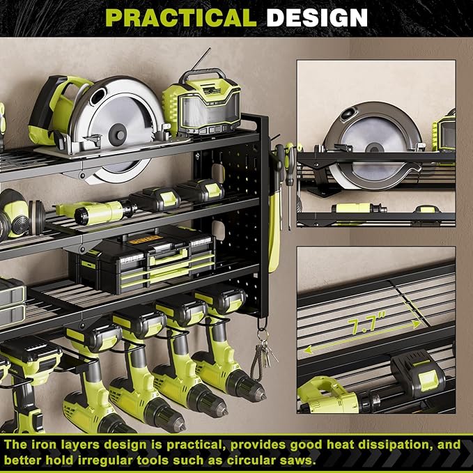 Power Tool Organizer Wall Mount,Cordless Drill Organizer,4 Layers Large Capacity Tool Rack with 8 Drill Holders (BLACK)