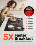 VEVOR Electric Cooktop, 36 inch 5 Burners Built-in Electric Stove Top, 8600W Ceramic Top Radiant Cooktop with Glass Panel, Touch Control, Timer, Child Lock, 9 Heat Level, 220-240V, Hard Wire (No Plug)