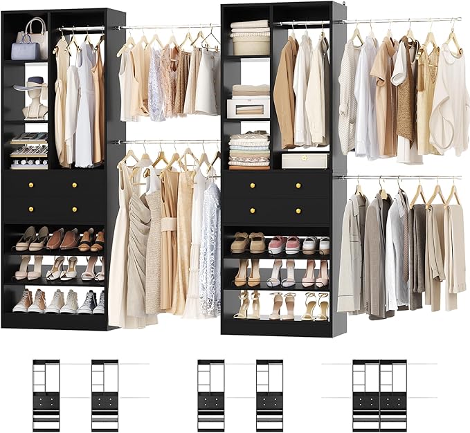 Closet System, Up to 134"/11.2 FT Closet Organizer with 4 Wooden Drawers and Shelves, Walk-in Closet System with 6 Hanging Rods, Built-in Closet Can Fit 96"/8FT, 120"/10FT, Black