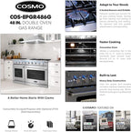 COSMO COS-EPGR486G 48 in. Haven Collection 7 cu. ft. Double Oven Gas Range, 6 Burners, Griddle, Convection, Knob LEDs, Stainless Steel