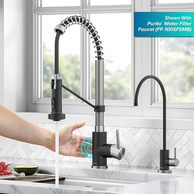 KRAUS Bolden Touchless Sensor Commercial Style 2-Function Single Handle Pull Down Kitchen Faucet in Spot-Free Stainless Steel/Matte Black, KSF-1610SFSMB