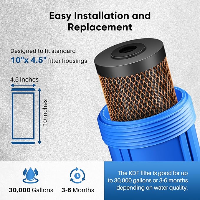 PUREPLUS 5 Micron 10" x 4.5" Whole House Coconut Shell Activated Carbon and KDF Water Filter, Heavy Metal Removal Replacement Water Filter, Compatible with GXWH40L, GXWH35F, BB10, CTO10BB-KDF, 3 PACK