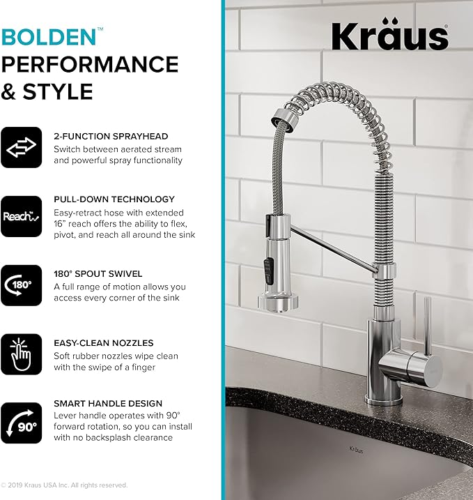 KRAUS Bolden Commercial Style 2-Function Single Handle Pull Down Kitchen Faucet in Chrome, KPF-1610CH (Pack of 1)