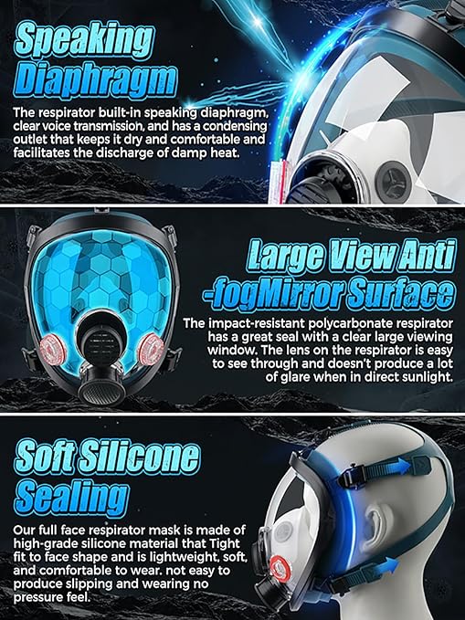 Full Face Gas Mask Respirator, Gas Masks Survival Nuclear and Chemical with 40mm Activated Carbon Filter & 6001 Filters, Respirator Mask for for Organic Vapor, Chemicals, Paint, Dust, Particles