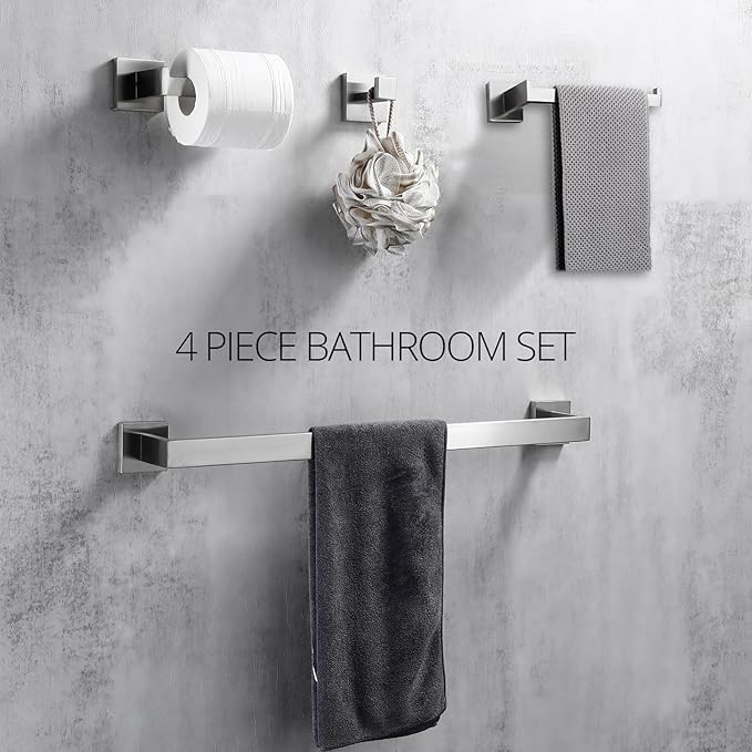 BAGNOLUX Bathroom Hardware Set 4 Pieces, Bath Towel Holder Set SUS304 Stainless Steel, Towel Bar Rack Set for Wall Mounted, Square Bathroom Accessories Set Fixture Heavy Duty Brushed Nickel
