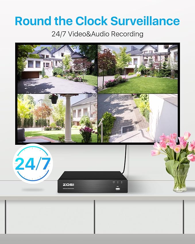 ZOSI 4K 8CH Spotlight PoE Security Camera System with 2TB HDD,4pcs 5MP Outdoor PoE IP Cameras,Smart Human Detection,2 Way Audio,Color Night Vision,8 Ports 16CH 8MP NVR for Home 24/7 Recording