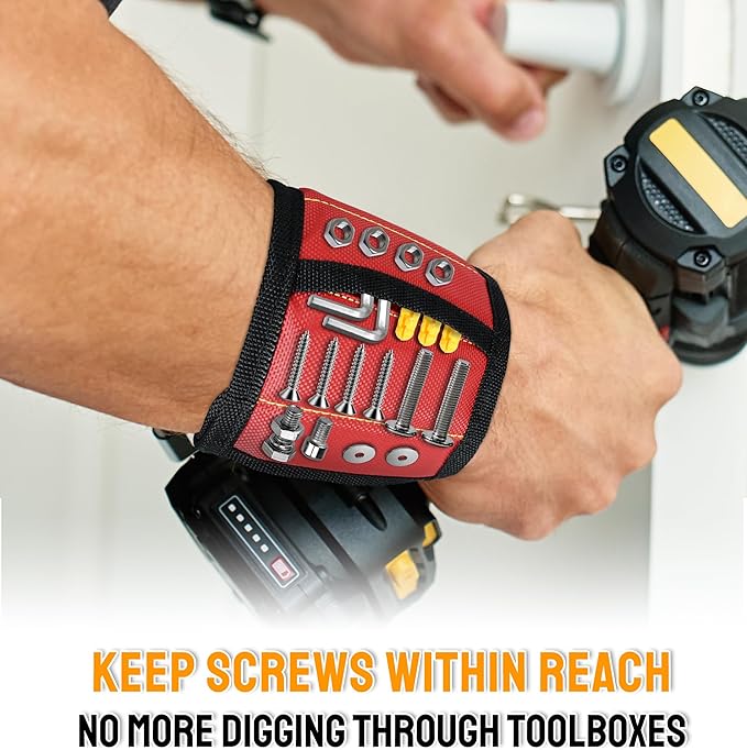 HiRui Magnetic Wristband for Tools – Ultra-Strong 15 Neodymium Magnets Hold Screws, Nails & Bits, Dual Pockets – Hands‑Free for DIY, Home Repairs, Auto – Gift‑Ready for Dad, Husband, Grandpa (Red)