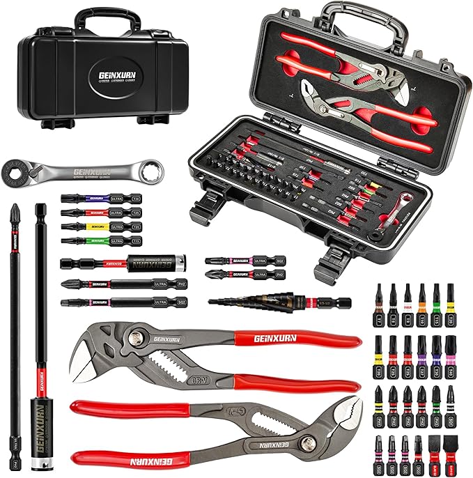 39Pcs Tools Set Packaged with Heavy-duty Tool Box, Include Screwdriver Bits,Bit Holder, Mini Ratchcting Wrech, Step Drill, Bit Holder, plier and Ratchets Screwdriver for Home Repairs DIY