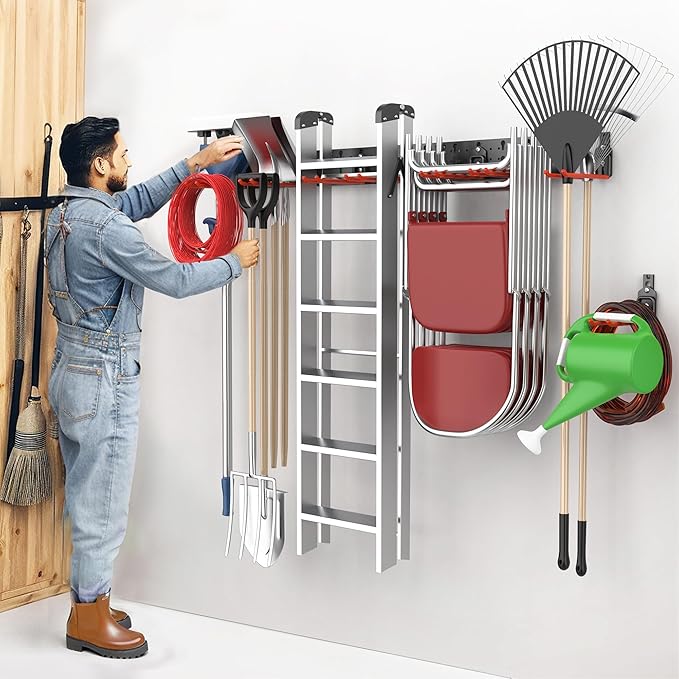 EVERHANGER Garage Tool Storage Organizer Wall Mount, Versatile Garden Tool Rack Organization, Folding Chair Hangers with 8 Multifunctional Hooks, Max Load 330lb, 48inch