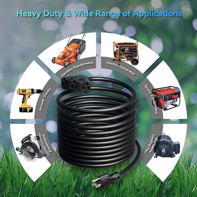 K KASONIC - 100 Ft Extension Cord with 3 Outlets, UL Listed 16/3 SJTW 3-Wire Grounded, 10A 125V 1625W for Indoor/Outdoor Use - Black