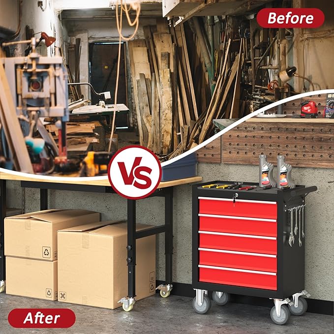 5 Drawers Rolling Tool Chest with Wheels, Portable Rolling Tool Boxes with Wheels, Tool Box Storage Cabinet with Locking System for Garage (BlackRed, 5 Drawers)