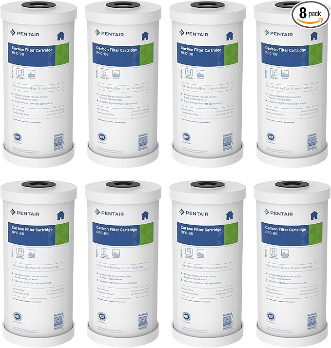 Pentair Pentek RFC-BB Big Blue Carbon Water Filter, 10-Inch, Whole House Heavy Duty Radial Flow Carbon Replacement Cartridge with Granular Activated (GAC), 10" x 4.5", 25 Micron, Pack of 8