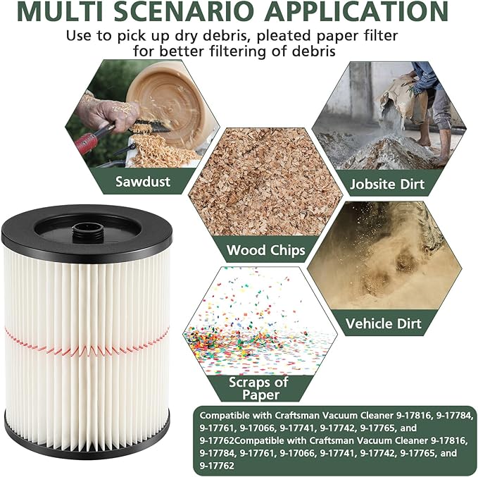 9-17816 Red Stripe Vacuum Cartridge Filter Replacement Compatible with Craftsman Wet/Dry 5/6/8/12/16/32 Gallon and Larger(2 Pack)