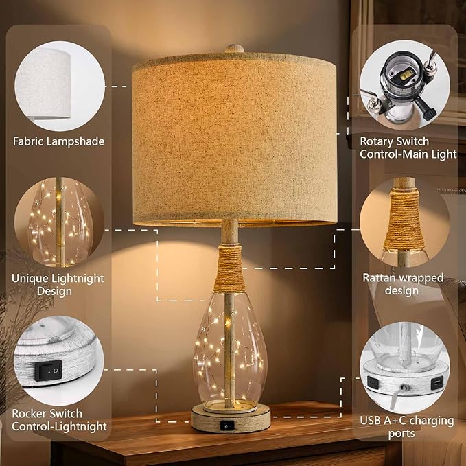 OYEARS 23" Table Lamps for Living Room Set of 2 Bedside Lamps for Night Stands Bedroom Lamps Farmhouse Rattan Boho Lamp Glass Nightlight End Table Lamp with USB C+A (White),Two Light Points