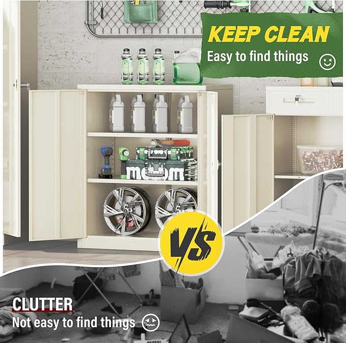Greenvelly Metal Storage Cabinet, 36" Locking Storage Cabinet with Doors and Shelves, Lockable Storage Cabinets for Home Office, Utility Locker Cabinet, Steel Garage Cabinet with 2 Keys, Gray
