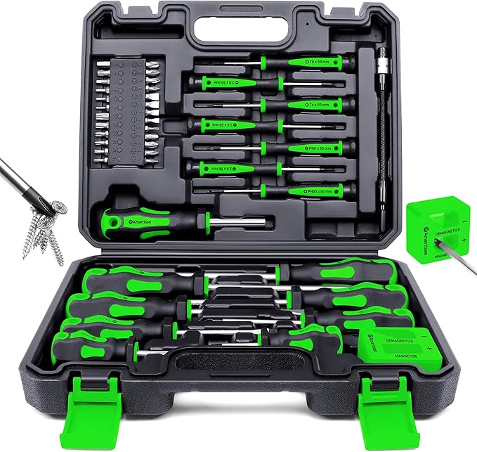 Magnetic Screwdrivers Set with Case, Amartisan 43-piece Includs Slotted, Phillips, Hex, Pozidriv,Torx and Precision Screwdriver Set, Magnetizer Demagnetizer Tools, Tools for Men (Green))