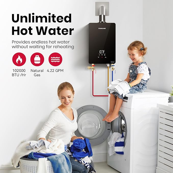 GASLAND Compact Natural Gas Tankless Water Heater Indoor, Up to 4.22 GPM 102,000 BTU Instant On-Demand Water Heater, Extremely Compact, Ultra Quiet, More Stable Temp for Residential Use, CG422NG
