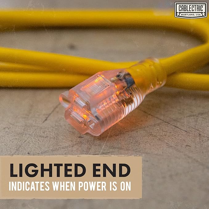 12 Gauge Outdoor Extension Cord 50 ft, 12/3 Heavy Duty Extension Cord 3 Prong Lighted End 50 Foot, SJTW Weatherproof Industrial Electrical Cable for Major Appliances, Proudly American Brand