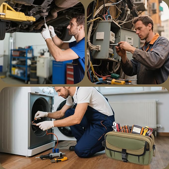 Small Canvas Tool Pouch with Zipper, 12 Inch Tool Organizer Bag, Double Layer Utility Storage Bag with Shoulder Strap for Electrician, Khaki/Green (Empty Bag)