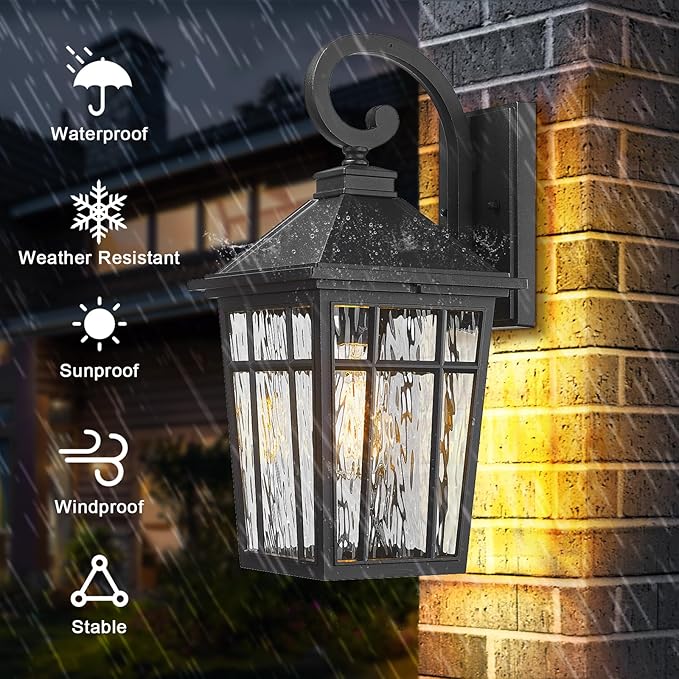 Darkaway Large Outdoor Wall Lights for House, 18inch Exterior Lighting Fixtures Wall Mount Outdoor Porch Lights Waterproof Black Outside Sconce Lights with Water Ripple Glass for Patio Hallway Garage