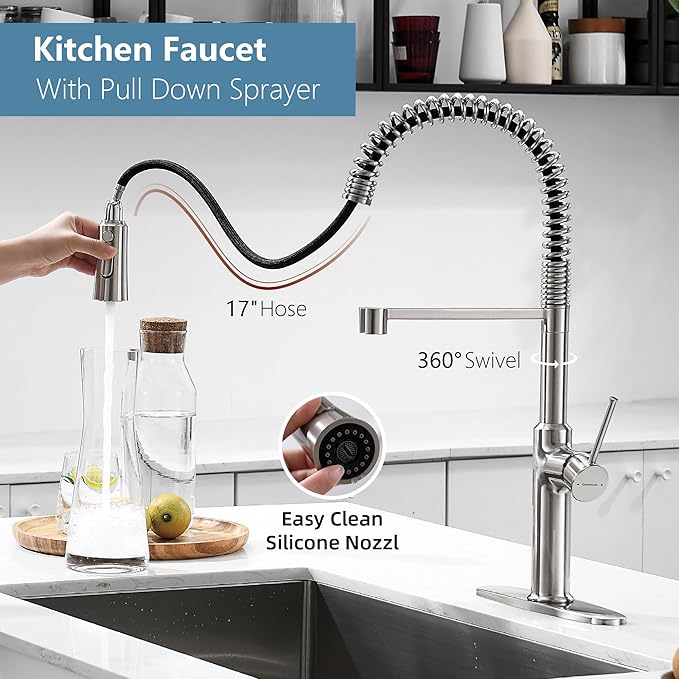 Brushed Nickel Kitchen Faucets, Brass 22 inch Commercial High Arc Single Handle Kitchen Faucets for Pull Down Sprayer Modern Spring with Deck Plate