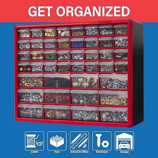 Akro-Mils 44-Drawer Plastic Drawer Storage Cabinet for Garage Organization, Bead Organizer, Building Bricks Storage, Teacher Toolbox, Makeup Organizer, 20" W x 6" D x 16" H, 10144 Red