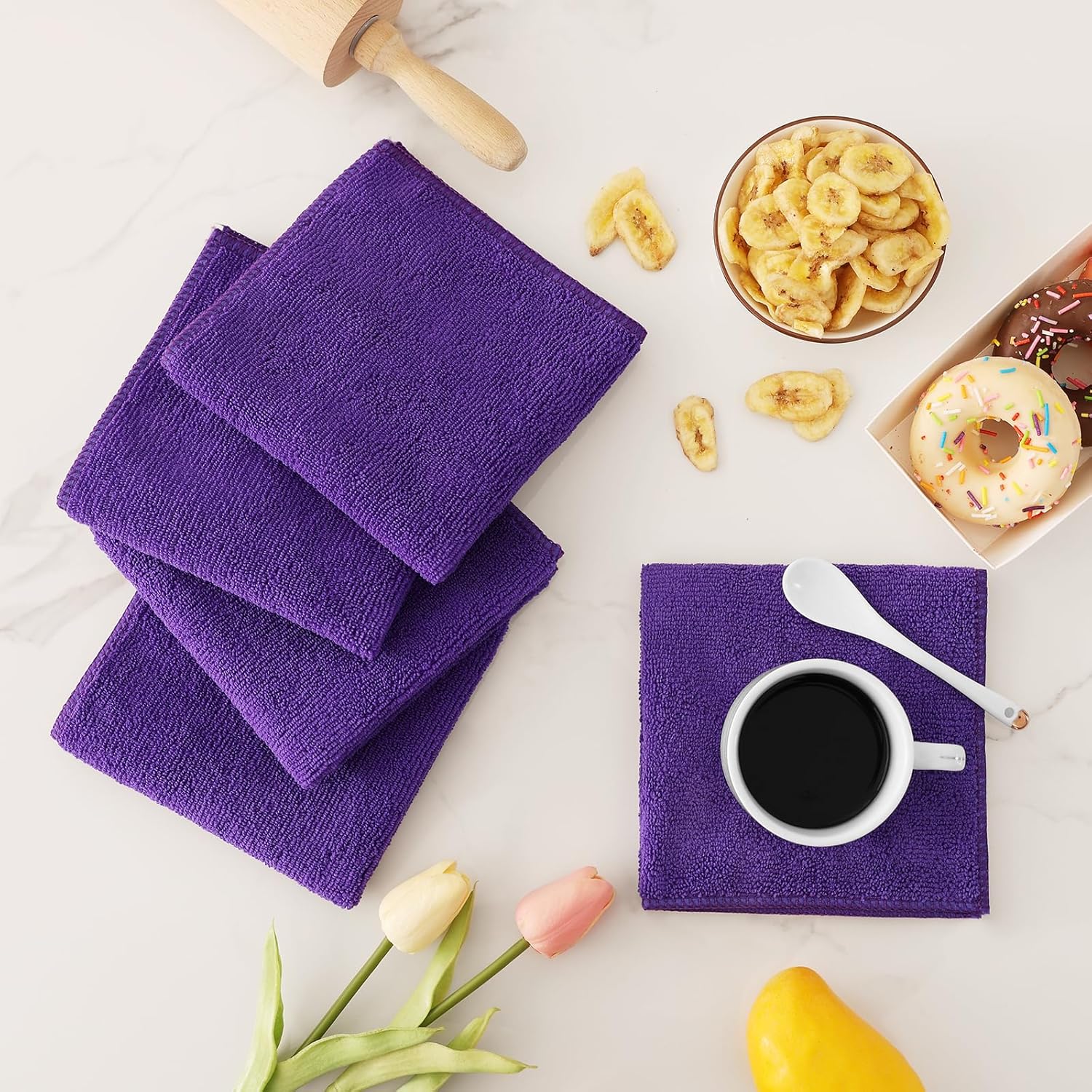 Kitinjoy 24 Pack Microfiber Cleaning Cloth(12 x 12 Inches, Purple), Ultra Soft and Absorbent Cleaning Rags, Reusable and Non-Linting dust Removal Cleaning Cloths for Car, House, Kitchen