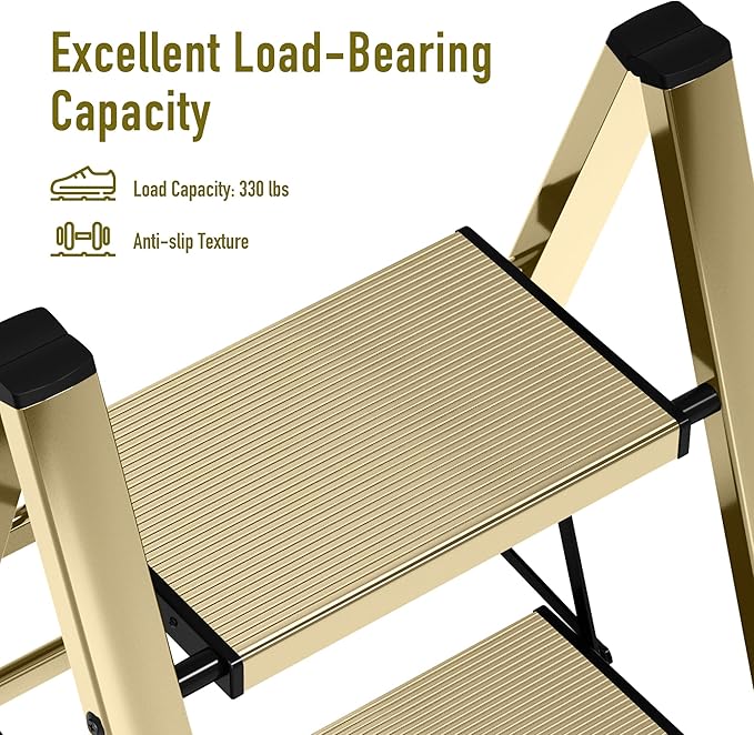 3 Step Ladder,Aluminum Folding Step Stool for Adults,Step Ladder with Wide Anti-Slip Pedal,330 lbs Capacity for Home,Office,Kitchen,Library(Gold)