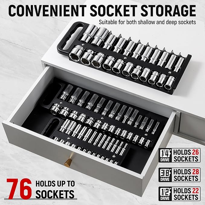 Magnetic Socket Organizer Set, 3-Piece Black Portable Magnetic Socket Holder Tray, Heavy Duty Socket Racks For 1/2-inch& 3/8-inch& 1/4-inch Drive, Hold 76 Sockets - Fit Shallow&Deep Sockets
