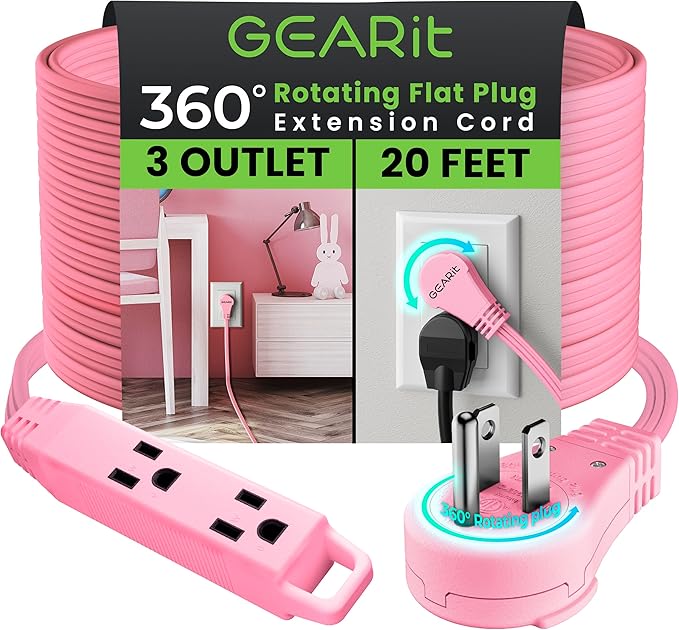 GEARit 360 Rotating Flat Plug Extension Cord with 3 Outlets (20ft, Pink) 16AWG/13A 3 Prong Wire, Outlet Saver for Home Office Dorm Room Essentials, ETL Certified