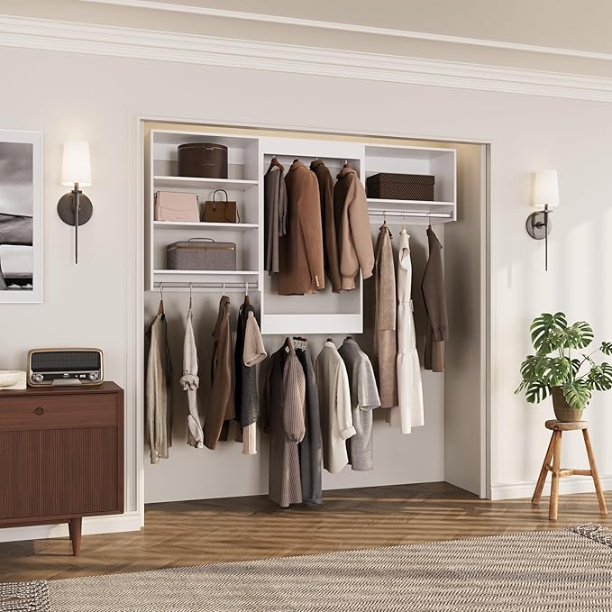 ROOMTEC Modular Closet System, 66" Closet Organizer with Hanging Rods, Wall-Mounted Wooden Tower for Walk-In Closets, Wardrobe Storage Kit, White