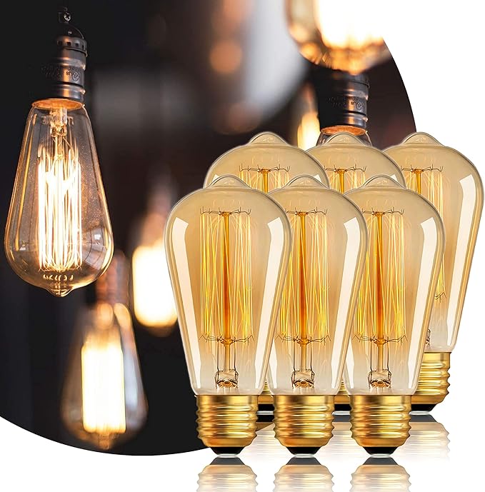 Antique Edison Light Bulbs 110V 60W 6 Pack, ST64 Decorative Incandescent Bulb 280LM 2200K Amber, Dimmable E26/E27 Base Vintage Bulbs Incandescent Light Bulbs for Chandeliers Wall Sconces