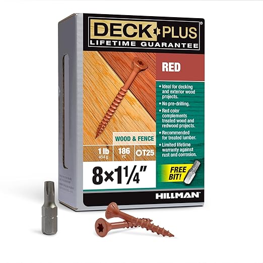 Deck Plus 1-1/4 Inch Epoxy Coated Exterior Wood and Fence Screws #8 x 1-1/4" Torx/Star Drive Included Coarse Thread, Outdoor Rust Resistant Decking Screw, Red, 1lb Box, 186 Pieces | 48424