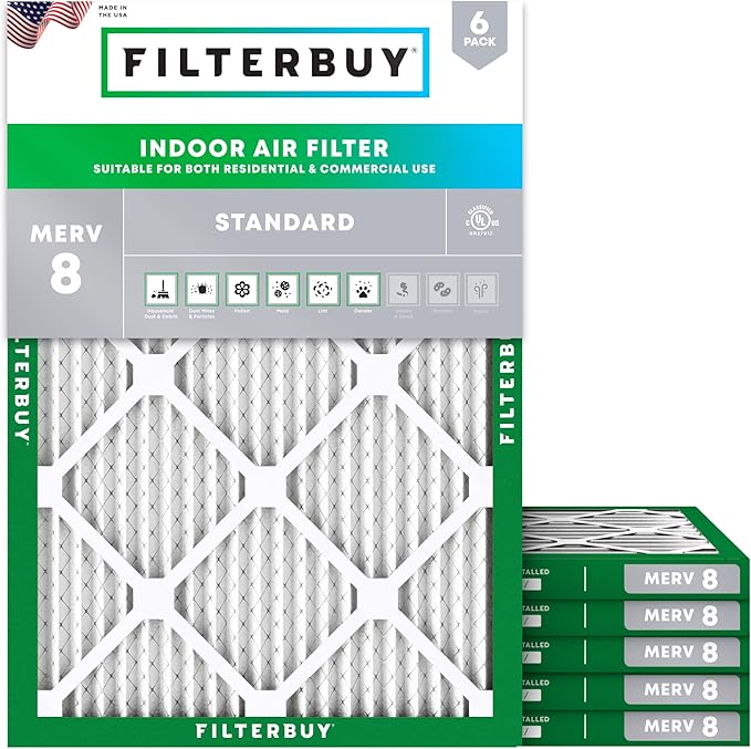 Filterbuy 8x14x1 Air Filter MERV 8 (MPR 700) Dust Defense Replacement (6-Pack), Electrostatic Pleated HVAC AC Furnace Filters, Made in USA (Actual Size: 7.50 x 13.50 x 0.75)