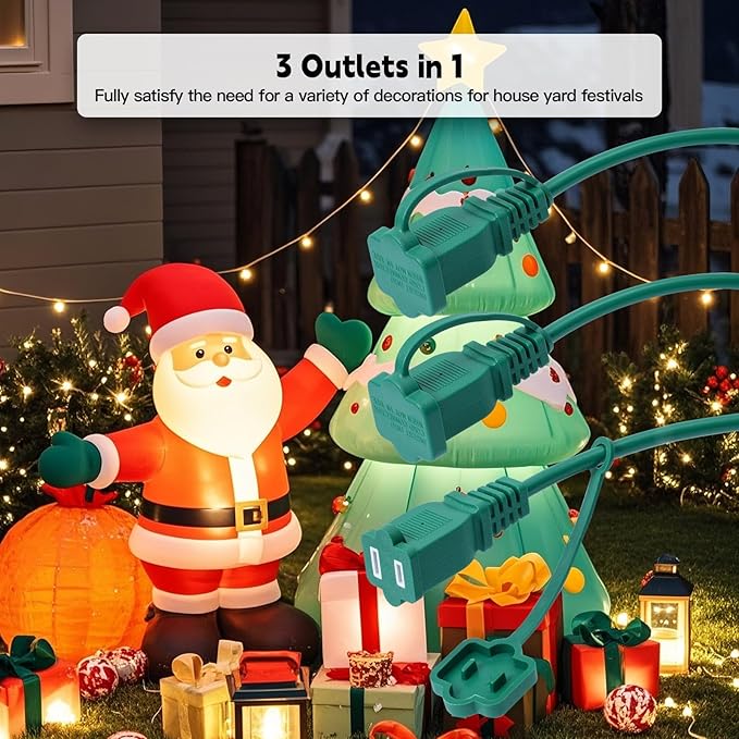 50Ft 4 Outlets Green Outdoor Extension Cords for Halloween Christmas Inflatables Blow Ups Yard Waterproof Outside with Multiple Outlets Extension Cord Power Splitter for Christmas Lights Decorations