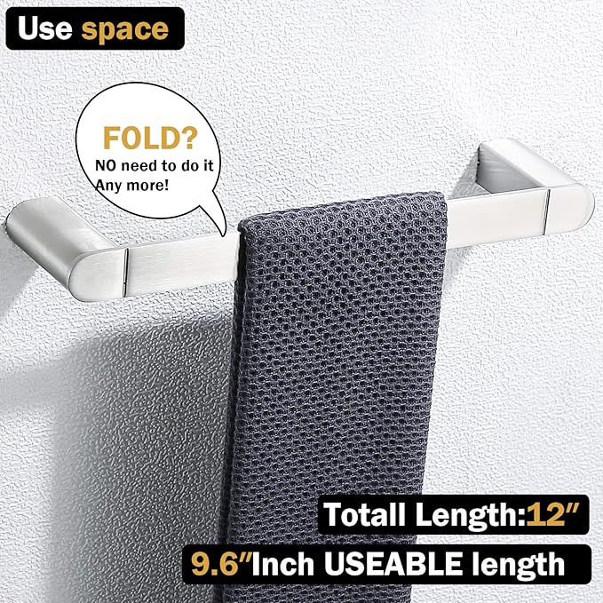 RANDOM 12 inch Brushed Nickel Towel Bar Bathroom Hardware Accessories Hand Towel Holder for Bathroom Kitchen SUS304 Stainless Steel Towel Rod Modern Style Wall-Mounted Towel Rack.96026-2-12BS