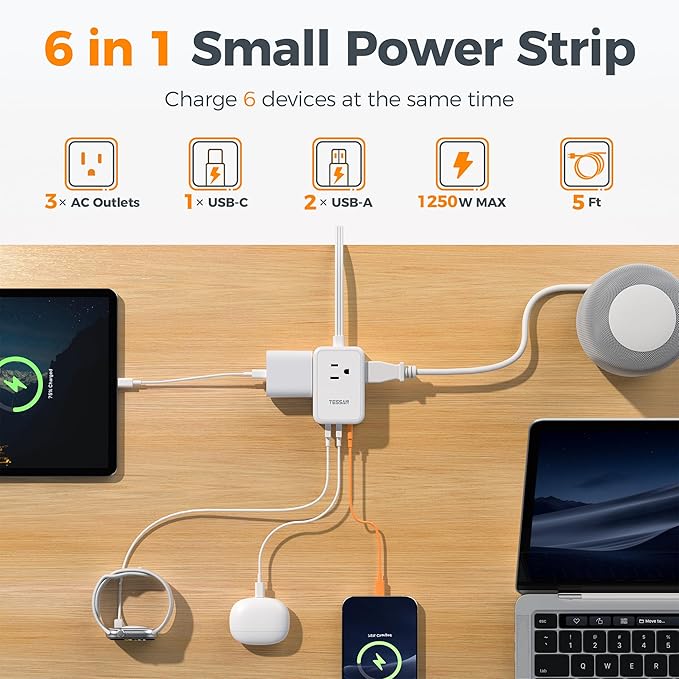 TESSAN Cruise Essentials, Flat Plug Power Strip, 5 Ft Extension Cord with 3 USB (1 USB C), 3 Outlets Small Charging Station, Non Surge Protector for Cruise Ship Travel, Dorm, Home Office, White