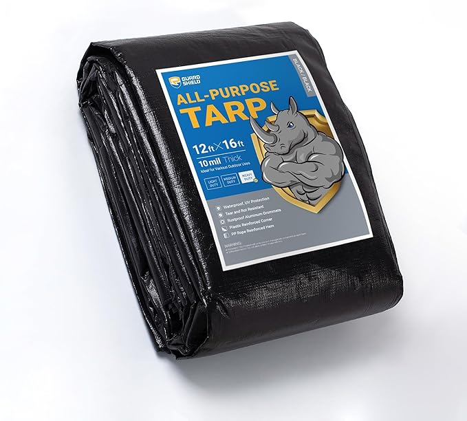 GUARD SHIELD Tarps Heavy Duty Waterproof 12x16 Feet Black Poly Tarp Cover Outdoor Thick UV Resistant Tarpaulin with Grommets 10mil